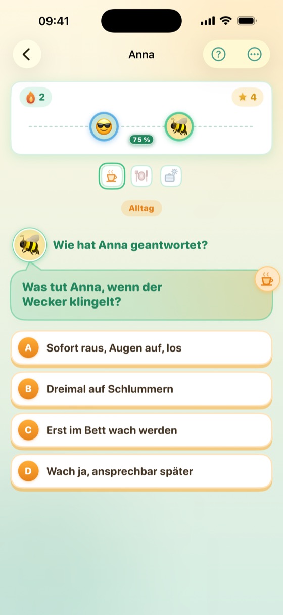 Kennst du mich: eine Frage mit vier Antwortmöglichkeiten und der Anzeige, zu wie viel Prozent sich die beiden kennen.
