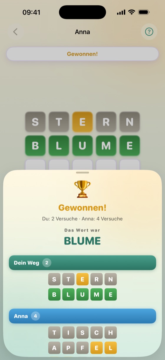 Sechs Versuche: das gelöste Wort und der Vergleich, wie viele Versuche beide gebraucht haben.