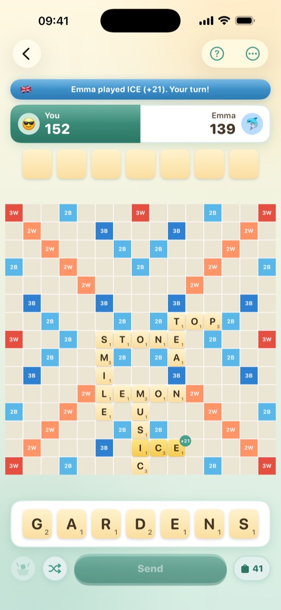 The word game board with words in play, bonus squares and your own seven tiles.