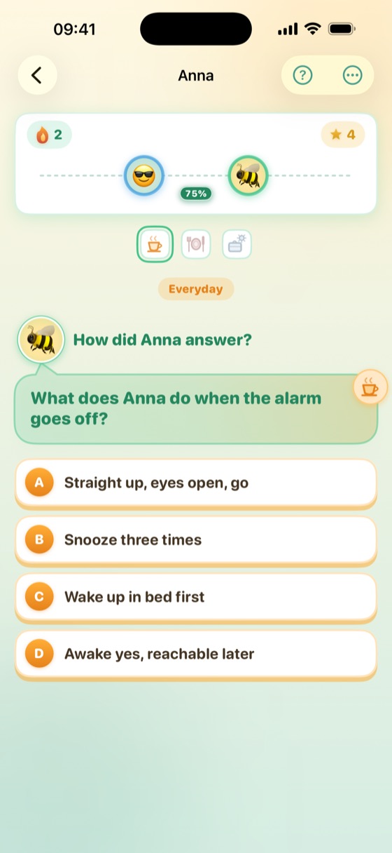 Know Me: a question with four answers and a meter showing how well the two players know each other.