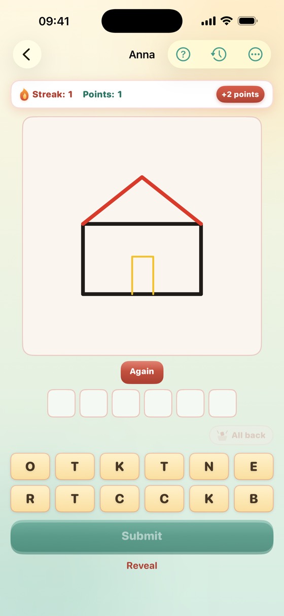 Sketch and Guess: a hand drawn sketch with a pool of letters underneath for guessing.